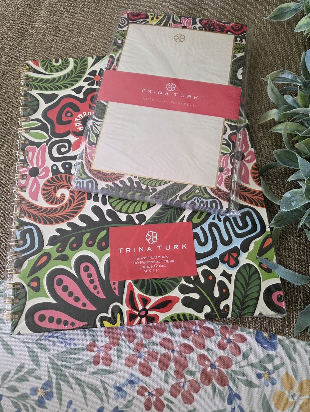 Trina Turk Floral Spiral Notebook and Notepad Set in Pink, Green, Black, White